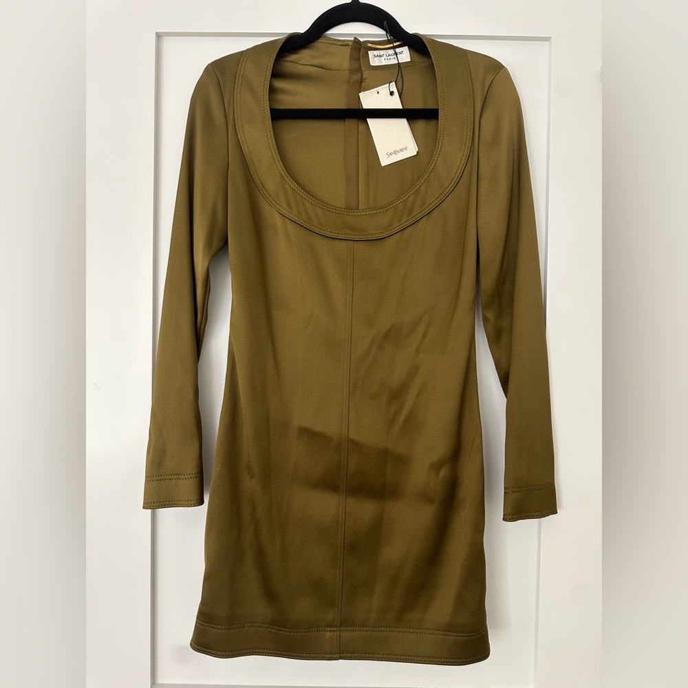 Saint Laurent $5500 Long Sleeve Mini Dress in Vert Khaki